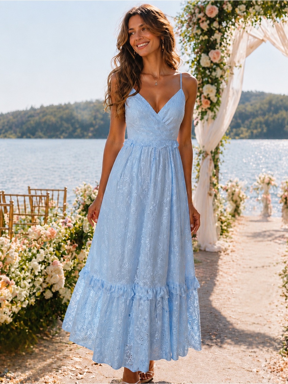 LuLus Sky Blue Eyelet Maxi Dress | Romantic Wedding Guest | Flowy & Feminine